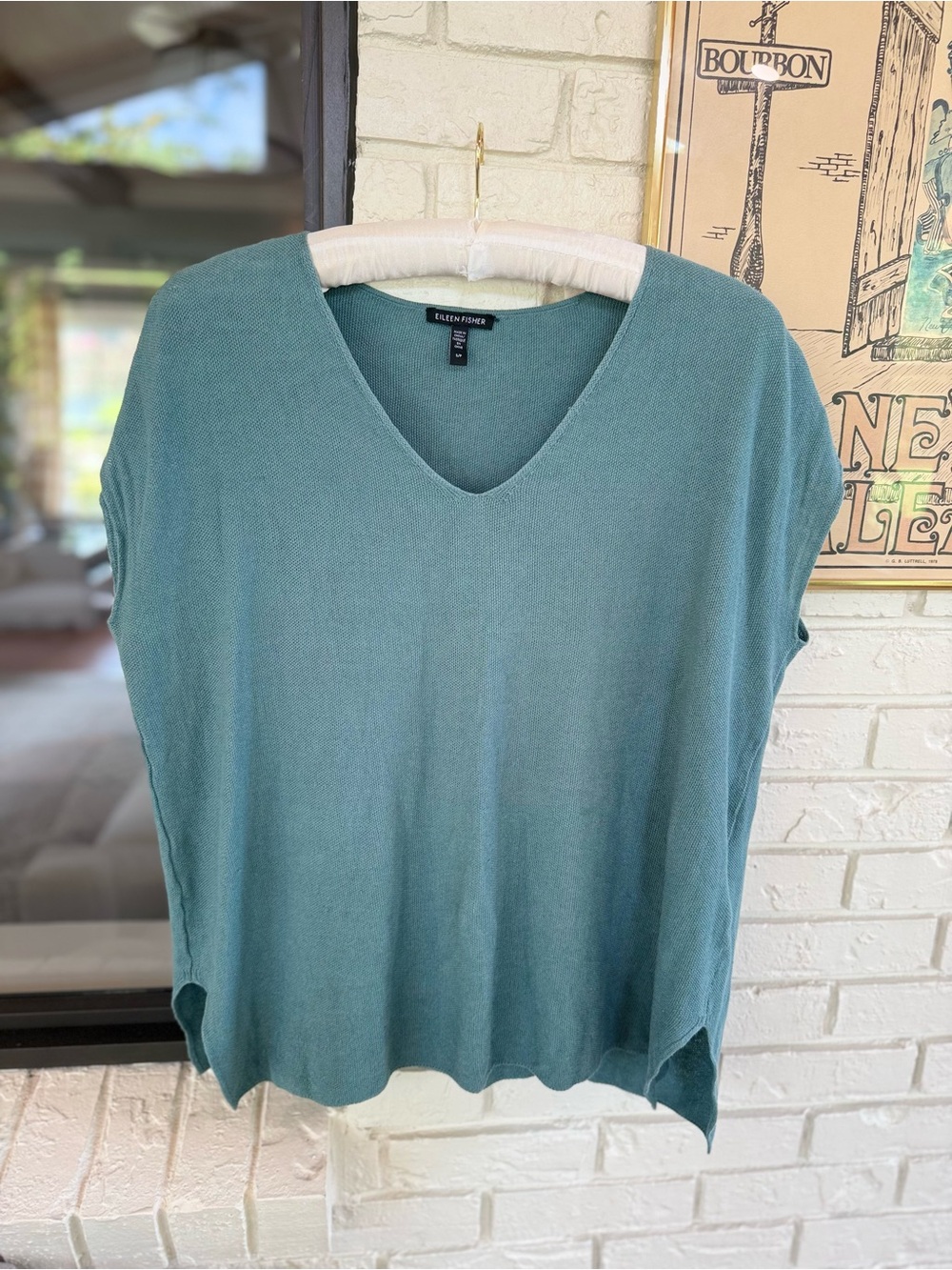 Eileen Fisher Teal V‑Neck Short Sleeve Knit Top